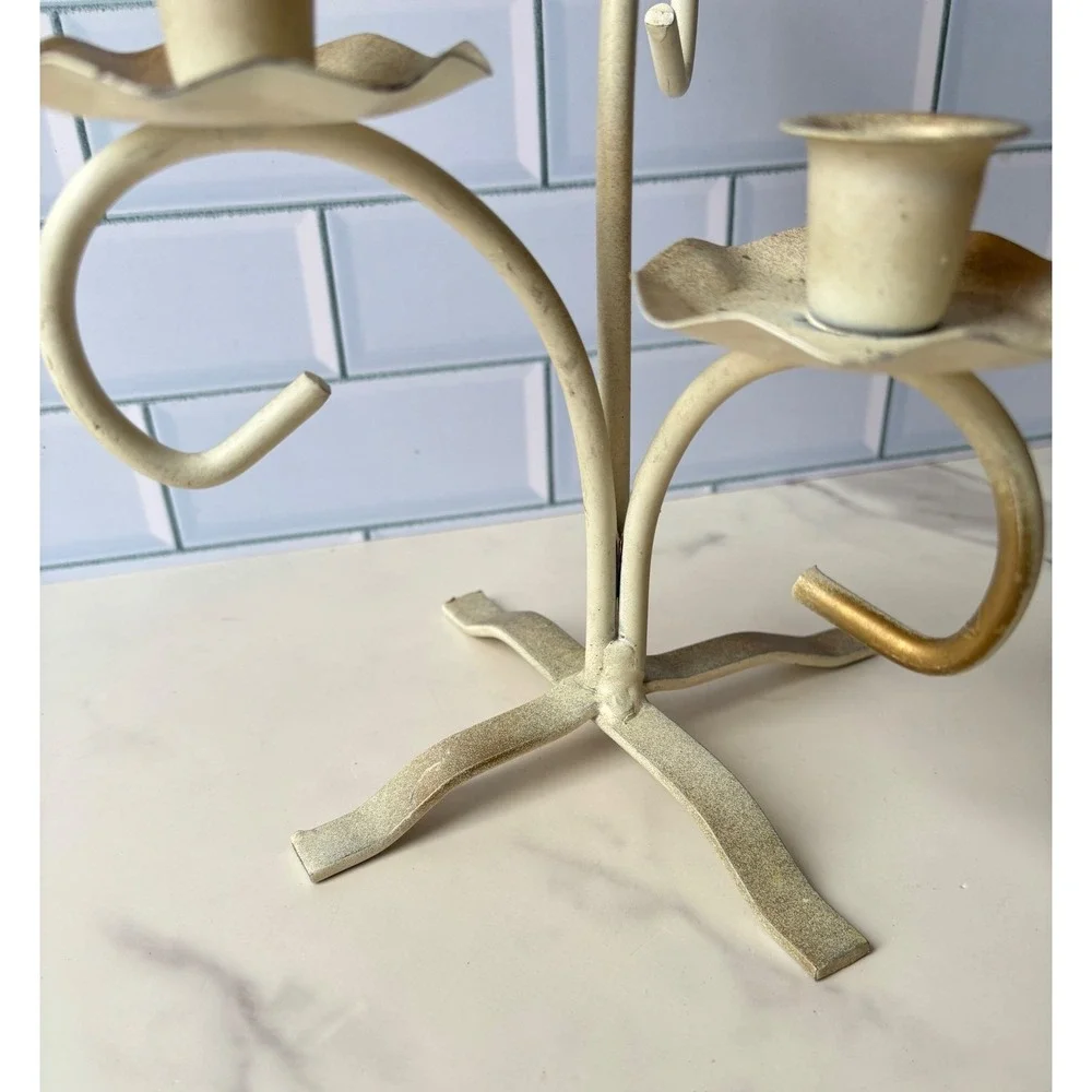 Vintage Metal 3‎ Arm Candelabra Distressed Cream Gold Scalloped Centerpiece